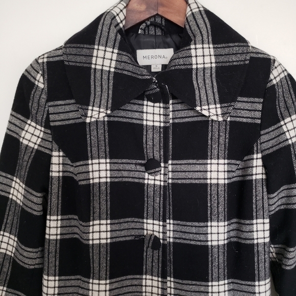 Merona Buffalo Check Black & White Plaid Wool Blend Coat Small Tartan - Picture 2 of 10